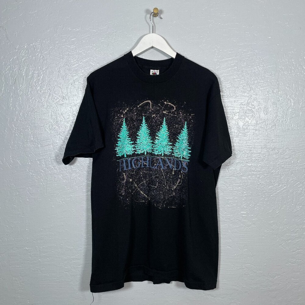Vintage Fruit of the Loom Men XL Black Highlands T-Shirt Single Stitch Cotton